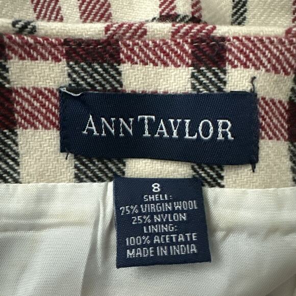 Vintage Ann Taylor Skirt Womens 8 Cream Red Plaid Mini Retro Y2K Preppy Office - Picture 5 of 8